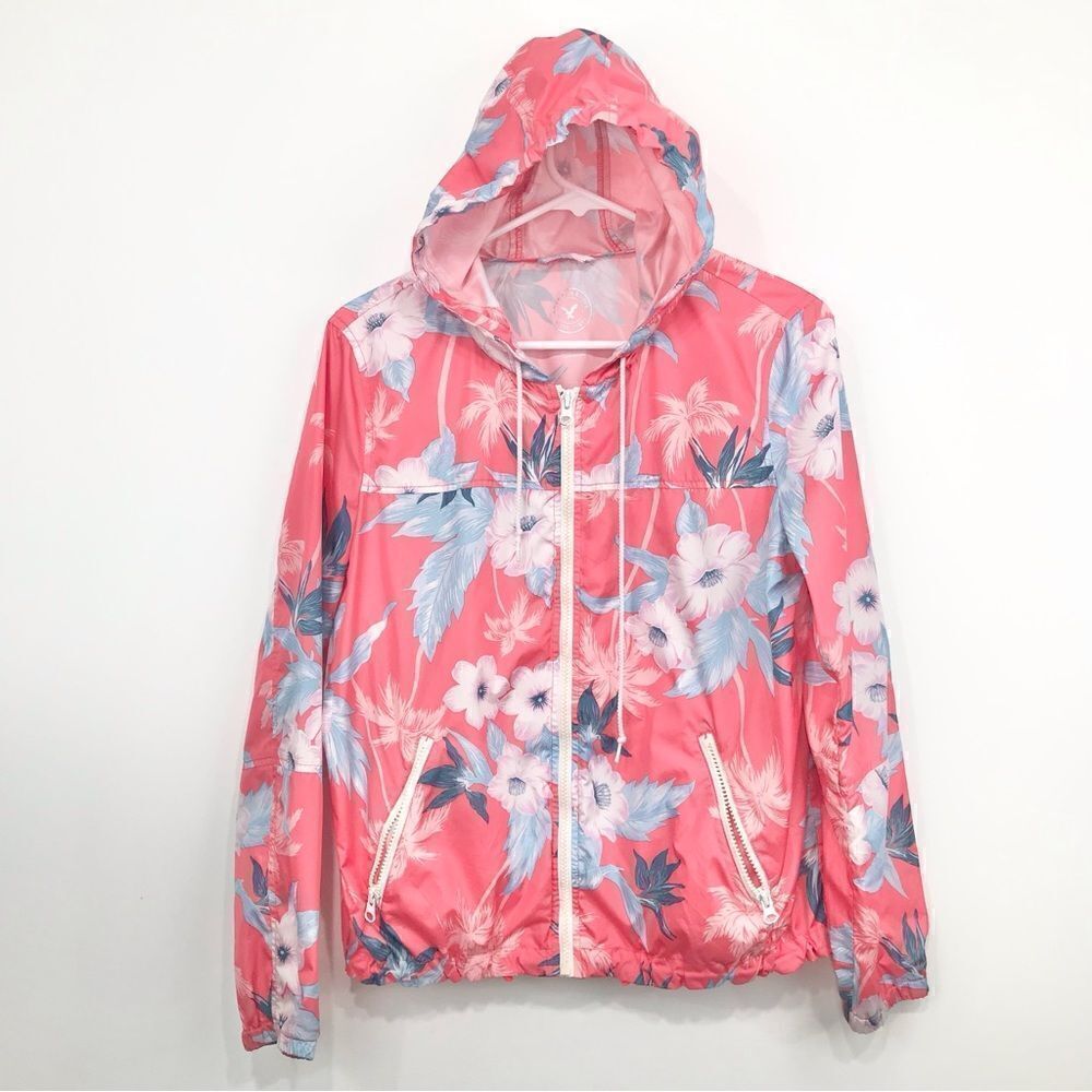 American Eagle Outfitters Pink Tropical Floral Zip Up Windbreaker Jacket